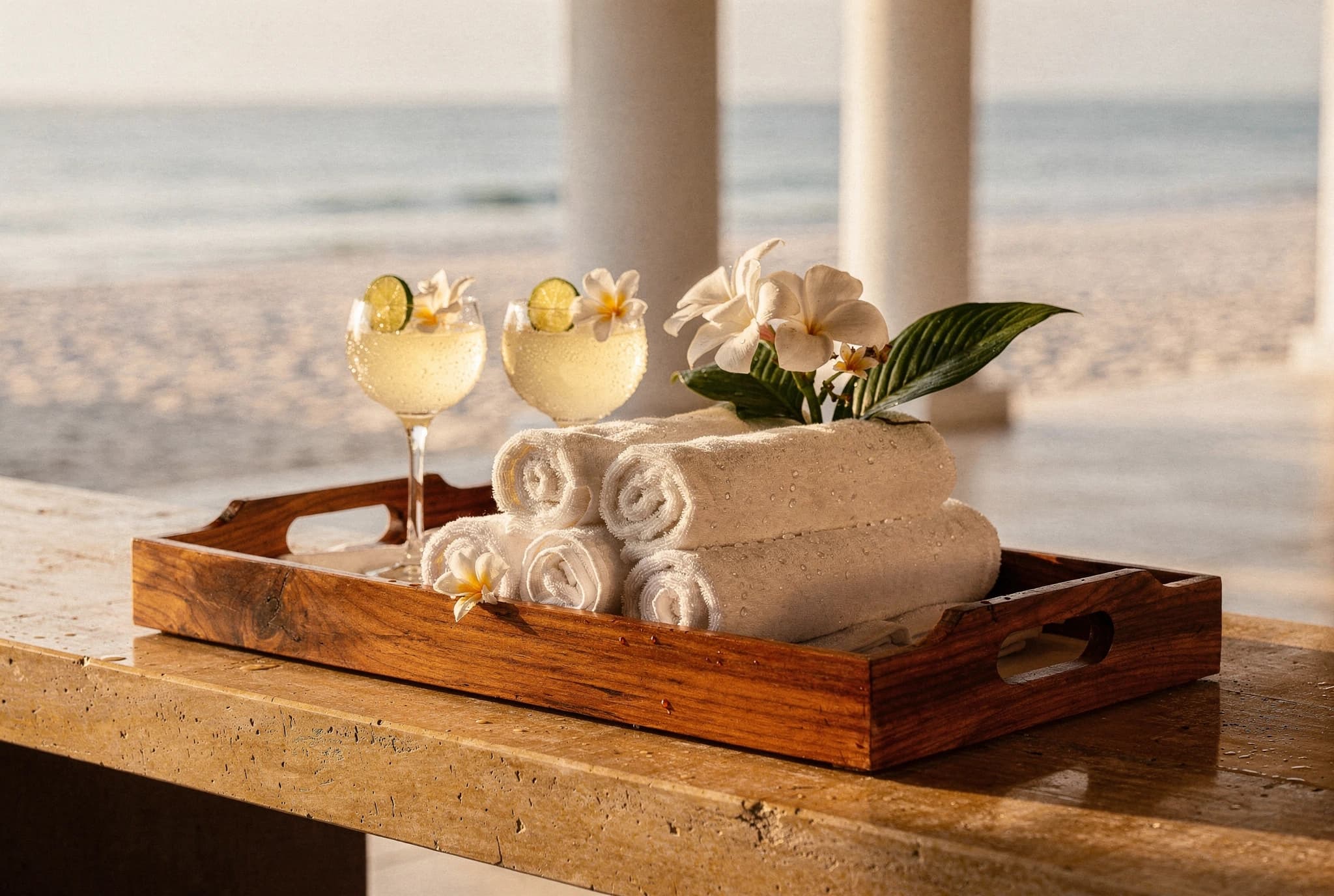 Un plateau en bois avec des serviettes blanches roulées, des fleurs blanches et deux verres de cocktail avec des rondelles de citron vert, sur un banc de pierre face à la plage